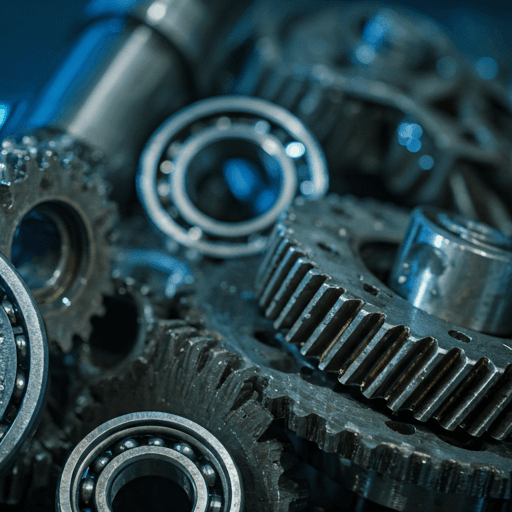 close-up of precision machined metal gears and bearings with oil coating reflecting soft clinical blue light